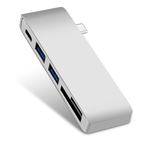E-Word 5 in 1 Type-C 3.1 Hub Adapter Portable for MacBook Pro 2016, Google Chromebook, Aluminum Multi-Port Adapter with Type-C 3.1 Charging Port, 2 USB 3.0 Ports, SD/Micro Card Reader(Silver)