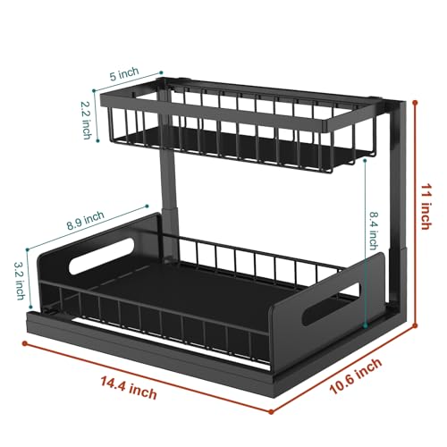bukfen Under Sink Organizer, Pull Out Cabinet Organizer 2-Tier Slide Out Sliding Shelf Under Cabinet Storage Multi-Use for Under Kitchen Bathroom Sink Organizers and Storage ,2 Pack