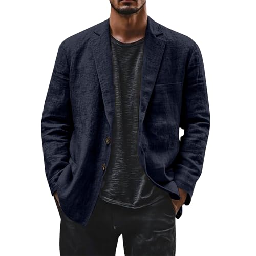 Dark Blue Linen Suits for Men Business Casual Blazer Suit Jackets 2 Button Lightweight Sport Coat Medium