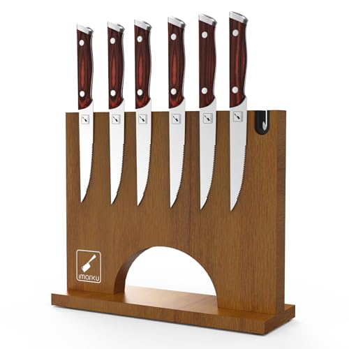 imarku Steak Knives Set of 6, Japanese HC Steel Premium Serrated Steak Knife Set&imarku Acacia Wood Magnetic Knife Block 12 x 10 Inches