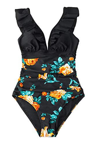 Cupshe Women's One Piece Swimsuit Ruffle V Neck Lace Up Bathing Suit, M Black Floral #TOP3