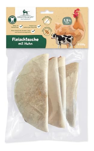 Knuffelwuff 4X große Fleischtaschen (ca. 80 g) | Leckere Hühnerbrust und Rinderrohhaut: Belohnen Sie Ihren Hund mit gesundem Kauen für Starke Kaumuskeln | wiederverschiessbar | für alle Hunderassen