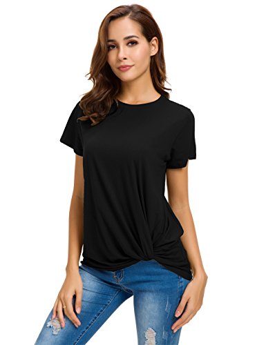LUSMAY Womens Short Sleeve Loose Twist Knot Front T Shirts Cotton Casual Blouse3