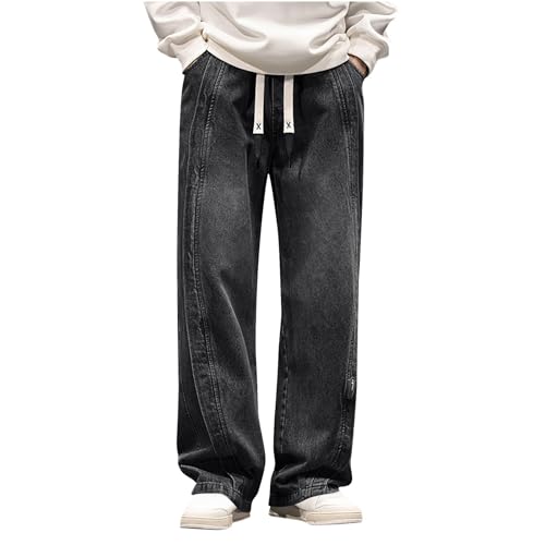 Men's Solid Color Baggy Jean, Fashion Drawstring Wide Leg Denim Pants Going Out Casual Trendy Clothes with Pockets