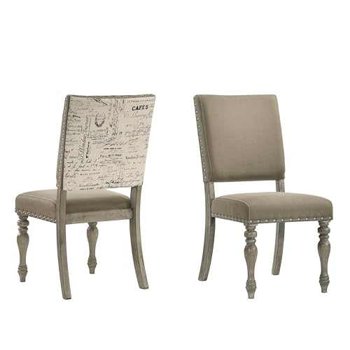 Roundhill Furniture Birmingham Script Printed Driftwood Finish Dining Chair with Nail head, Set of 2,