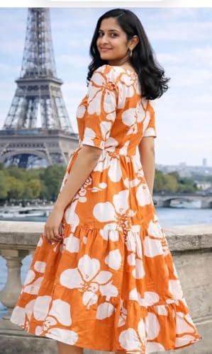 Image of Women's Rayon Floral Printed Midi Dress | Casual Fit & Flare One Piece Dress for Women | Stylish Short Sleeve Western Dress