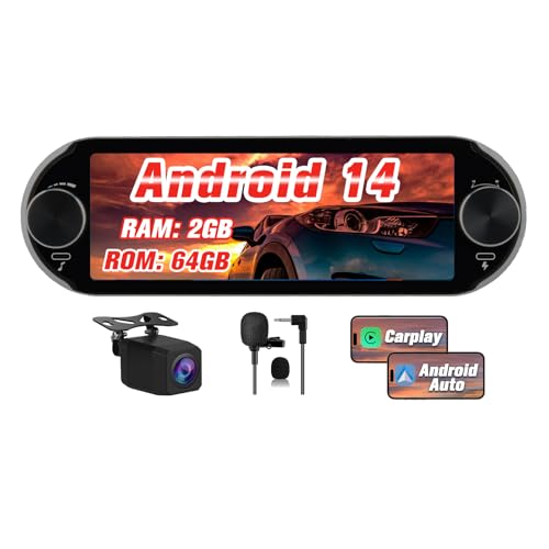 Hexinex Android 14.0 [2GB+64GB] Radio Coche 1 DIN Universal con Carplay y Android Auto Inalámbrico,Autoradio 1 DIN con Pantalla Táctil de 6.36” y Cámara Trasera, Admite WiFi/Bluetooth/FM,etc.
