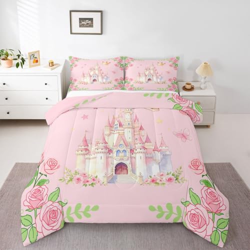 Image of Feelyou Girls Pink Castle Comforter Set King Size Blossom Flowers Pattern Bedding Set for Kids Boys Girls Kawaii Cute Princess Style Duvet Quilt Bedroom Decor Microfiber 3 Pcs with 2 Pillow Cases