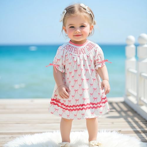 Lamuusaa Toddler Baby Girl Birthday Outfit Birthday Girl Smocked Embroidery Dress Bow Print Playwear Summer Clothes2