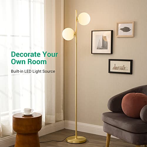 Edishine Mid Century Modern Floor Lamp For Living Room, Stepless Dimming, Built-In Led Gold Globe Standing Lamp, 2 Frosted Glass, Tall Pole Corner Lamp For Bedroom, Offices, Brass #TOP2