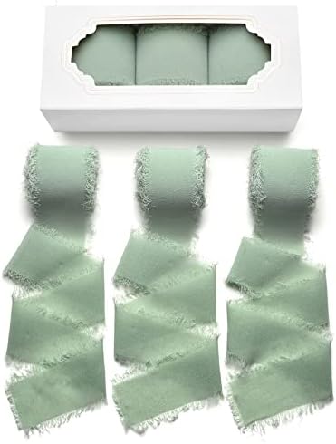 3 Rolls Sage Green Handmade Fringe Fabric Chiffon Silk Ribbon 1.5" x 7Yd Ribbons Set for Wedding Invitations, Bridal Bouquets, Gifts Wrapping, DIY Crafts