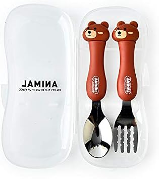 Tableware Set, Baby Spoon, Fork Set, 2-Piece Set, Children, Stainless Steel, Cutlery Set, Weaning Food, Portable for Babies, Children Training, Tableware, Practice, Baby Home, Storage Case Included, 4#