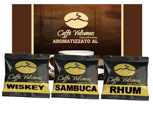 Caffè Vulcanus - Kit de degustación 60 cápsulas compostables ESE44 de café aromatizado con Whisky, Sambuca y Ron