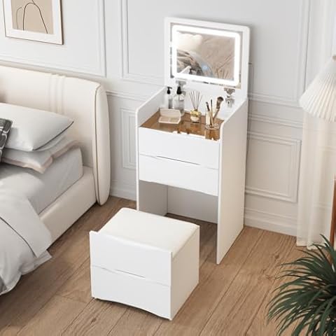 Hitow Makeup Vanity Desk with Lighted Mirror, 18.3”W Dressing Table with 3 Drawers and Storage Shelves, Vanity Desk with Flip-up 3 Colors Lighting Mirror and Cushioned Stool for Bedroom, White Cover
