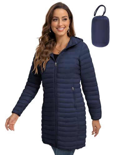ROYAL MATRIX Packable Puffer Jacket for Women Lightweight Hooded Quilted Long Travel Puffer Coat