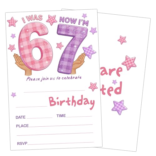 Eronm 7th Birthday Invitations for Girls, Checkered 7th Birthday Party Invitations, 0 Pack Retro Party Invite Cards with Envelopes, Teens Girls Boys Bday Celebration Party Decor-C07