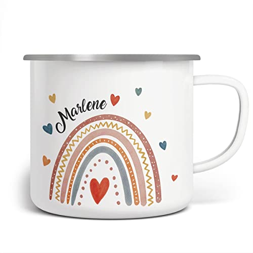 miKalino Emaille Tasse Mädchen - Trinkbecher Kinder personalisiert - Emaille Becher mit Regenbogen-Motiv - Kindertasse mit Namen - Kindertasse bedruckt - Emaille Becher Weiß