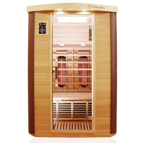 Dewello Infrarotkabine Infrarotsauna Toronto 127×106 für 1- 2 Personen aus Hemlock & Zedernholz mit stufenlos regelbaren Vollspektrumstrahlern, Bodenstrahler, LED- Farblicht, Bluetooth, FM, MP3, USB