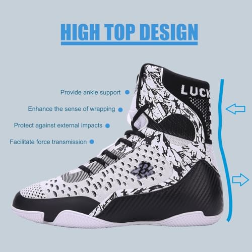 Image of Professional High-Top Boxing Shoes for Men & Women - Lightweight Wrestling Boots with Rubber Grip Sole - Breathable Microfiber & Mesh Training Shoes for MMA, Gym & Lifting (Grey, White, Blue)