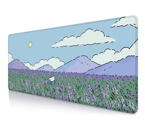 Image of IMAYONDIA Anime Lavender Desk Mat Cute, Green Purple Blue XL Large Gaming Mouse Pad for Laptop, Kawaii Landscape Japanese Deskmat, Mousepad Computer Pad, 31.5 X 11.8 Inch