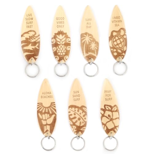 Wooden Surfboard Keychains Fun Key Chains Beach Party Favor Purse Backpack Keychain Mini Surfboard Pendant, Set of 7