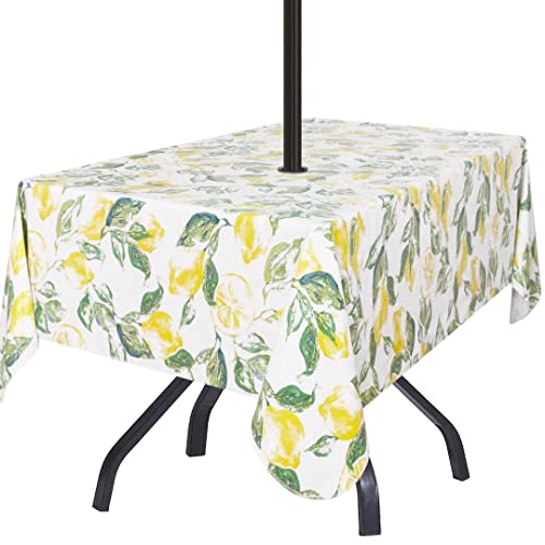 Fitable Rectangle Outdoor Tablecloth With Umbrella Hole And Zipper- 60X84 Inch Yellow Lemons Waterproof Table Cloth Wipe Clean Vinyl Patio Tablecloths For Spring/Summer Picnic, Bbq, Camping, Garden #TOP5