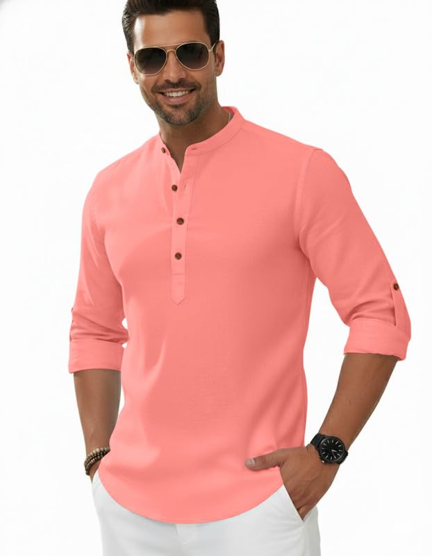 Image of Macsivo Men's Cotton Blend Solid Short Kurta with Regular Lenth Mandarin Neck Full Sleeves and roll-up tab| Kurta Style Shirt for Men