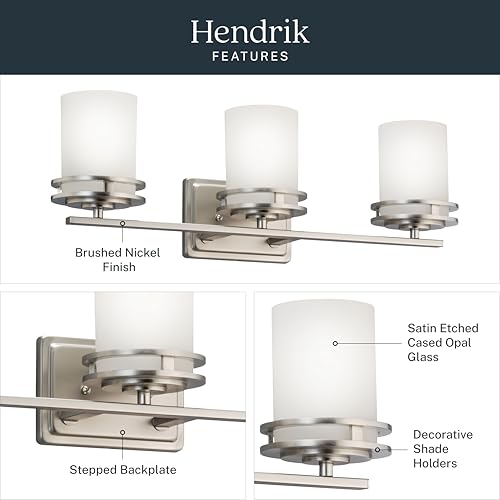 Image of Kichler Hendrik 24 inch Vanity Light in Brushed Nickel, 3-Light Modern Bathroom Vanity with Satin Etched Cased Opal Glass, (24 inch W x 8 inch H), 5078NI