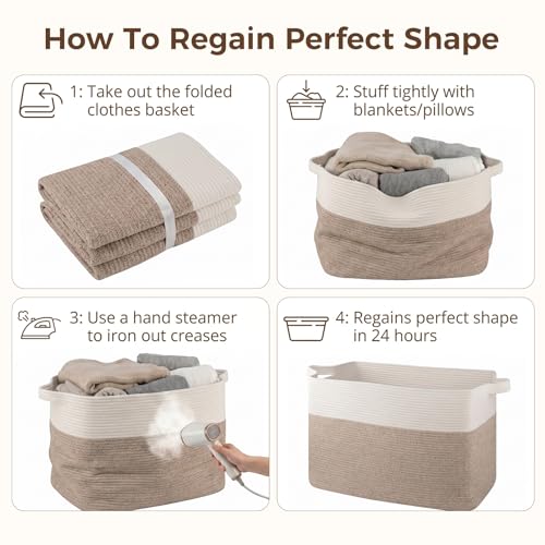 OIASKET 108L Cotton Rope Storage Basket for Living Room and Bedroom 25"x16"x16" Woven Laundry Basket, Heavy Duty Bin for Blankets, Pillows & Toys, Pet-Safe & Scratch-Free, Brown and White - Image 8