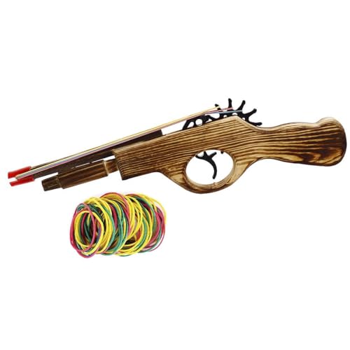 Wood Rubber Band Gun with Orange Safety Tip Wooden Toy Easy Load Outdoor Toy Gun with 100 Rubber Bands 12 Inches Length