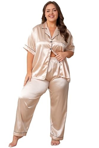 Vozanet Womens Button Down Satin Pajama Sets Silky Short Sleeve Top & Pants Plus Size Loungewear Classic Sleepwear XL to 5XL Champagne 4X-Large