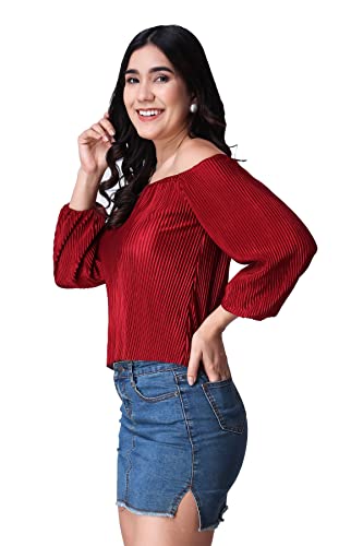 Image of POPWINGS Casual Wrinkle Off Shoulder Crop Top for Women - Designer Stylish Western Full Sleeves