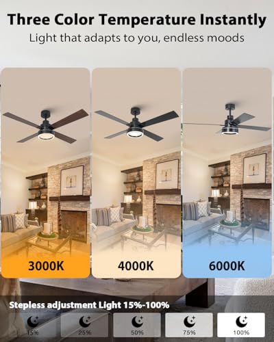 Image of 52 Inch Black Ceiling Fan with Light and Remote, Indoor Outdoor Modern Black Ceiling Fan, 3CCT Dimmable, Reversible Motor, Dual-Sided Blades Ceiling Fans for Bedroom Living Room Patio -Upgraded