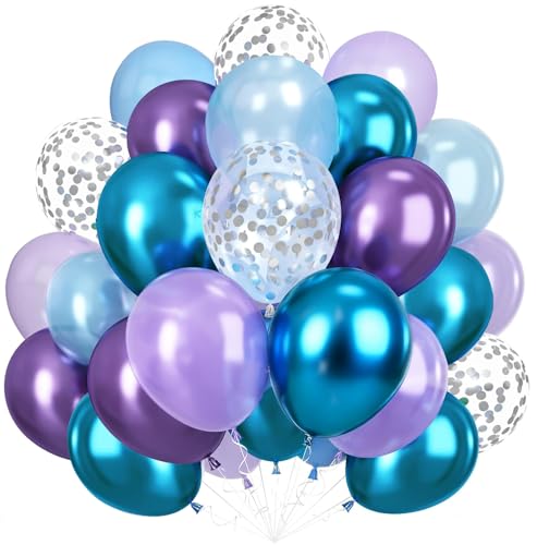 Ballons Anniversaire Bleu Violet Congelé, 60 Pièces Ballon Frozen Bleu Lila Latex avec Flocon De Argent Confettis, Metallic Violet Helium Balloons pour...