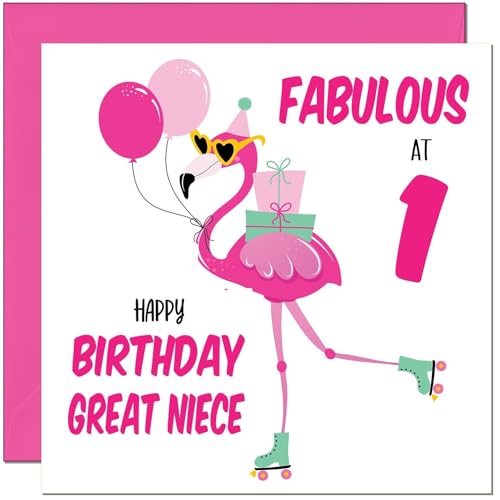 1st Great Niece Birthday Card - Fabulous Flamingo - Womens Pink Cute Great Nieces Birthday Card for 1 Year old Kids Baby One, first