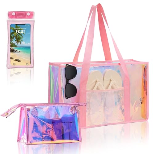 Image of Pink Iridescent Waterproof Beach Travel Bag for Women Large Waterproof Sandproof Women's Beach Tote Pool Bag Zipper Pool Swim Tote Bag for Travel and Spring summer Vacation