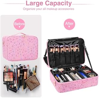 MONSTINA Professional Makeup Case Bag|3 Layers Large Capacity Cosmetic Organizer Brush Bag,Barber Train Case Makeup Artist Box,PU Leather Stylish Geometric Reflection Patterns Pink