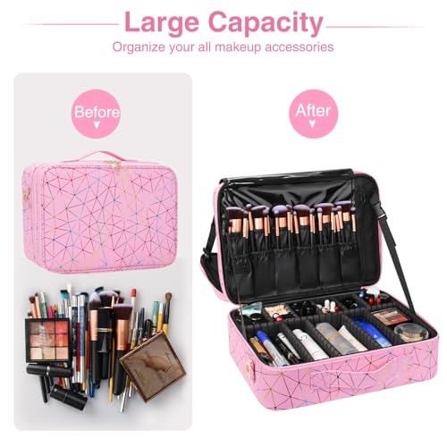 MONSTINA Professional Makeup Case Bag|3 Layers Large Capacity Cosmetic Organizer Brush Bag,Barber Train Case Makeup Artist Box,PU Leather Stylish Geometric Reflection Patterns Pink