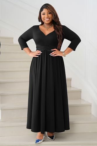 FANDEE Casual Maxi Dress for Women Summer Wtih Pockets 3/4 Sleeve V Neck Elastic High Waist Elegant Pleated A-Line Dresses4