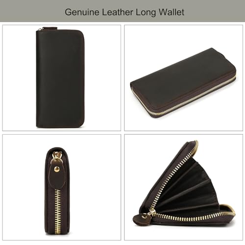 Genuine Leather Long Wallet Zipper Around Purse Clutch Bag Handbag Pouch Cash Credit Cards Phone Holder, Dark Brown3