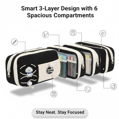 Image of Canvas School Bag Pencil Case, 3 Layer 6 Compartment Large Capacity, Aesthetic Pencil Pouch for Stationary, Cute Stationery for Kids, Pencil Case for Girls & Boys (Nice Day Black)