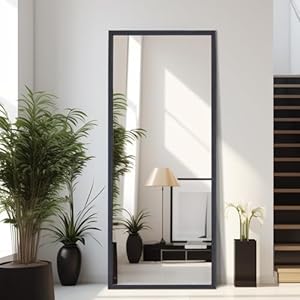 65”x22” Full Length Mirror with Wood Frame and Metal Holder, Large Rectangle Dressing Mirror Floor Mirror, HD and Explosion-Proof Silver Mirror, Standing Hanging or Leaning Wall(Black)