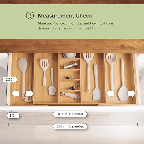 KitchenEdge Adjustable Kitchen Drawer Organizer for Utensils and Junk, Food-Safe Contract Grade with 100% Sustainable Wood, Expandable from 19 to 33 Inches Wide - Natural Bamboo by KitchenEdge - Image 7