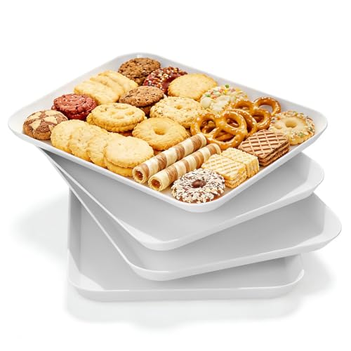 Yuecda 4-Pack Melamine Dishware Plate, White Serving Platters for Party Food, BPA Free, Dishware Plate for Charcuterie Dishes, Reusable Platter for Snacks, Fruit, Cookies, Sandwich