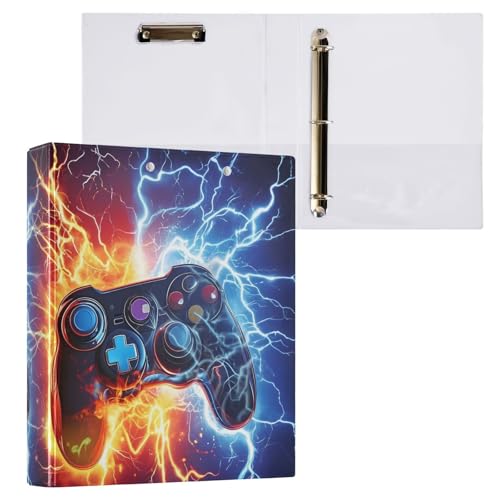 Image of 3 Ring Binder Game Controller Fire Electric Spark 1.5 inch Binders Three Ring Binders with Clipboard Fit 8.5'' x 11'' Paper 3 Interior PVC Clear Pockets for Office Supplies