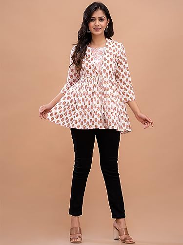 Image of feranoid Women's Cotton Floral Printed Short Kurti Tunic Top