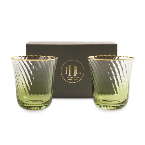 Image of Pure Home + Living Set of 2 Green Textured Drinking Glasses Ideal for Diwali Festival Gifting, Perfect for Party