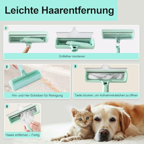 2025 Upgrade Tierhaarentferner Fusselrolle mit abnehmbarem Griff– Wiederverwendbarer, selbstreinigender Katzen- & Hundehaarentferner, Fusselbürste für Tierhaar, Geeignet für Sofas, Kleidung (Grün)