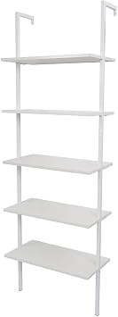 Rustic Ladder Bookshelf, 5 Tier Industrial Ladder Shelf Bookcase, Standing Leaning Book Shelves with Metal Frame for Living Room Bedroom White-5 Tier