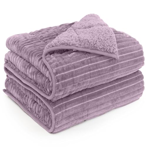 Image of Sherpa Fleece Weighted Blanket with Ribbed Stripes for Adults, 15 lbs Dual Sided Cozy Warm Blanket for Couch Full Size Bed, Glass Beads Heavy Thick Blankets Great for Sleep, Light Purple, 60 inch x 80 inch